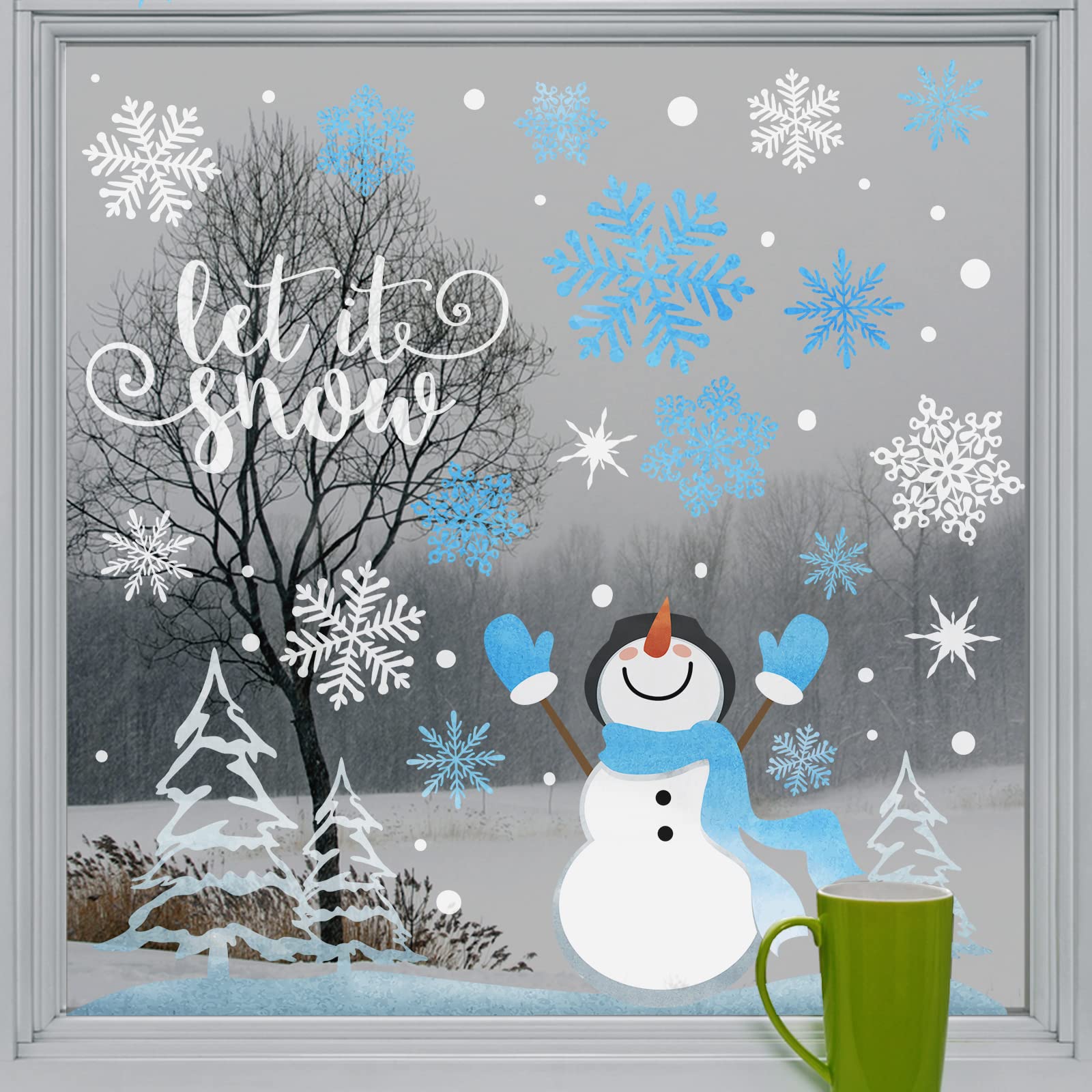 Yovkky Snowflakes Snowman Window Clings 9 Sheets, Let it Snow Quote Stickers Decal Decor for Glass, 2025 New Year Christmas Home Kitchen Winter Holiday Decorations