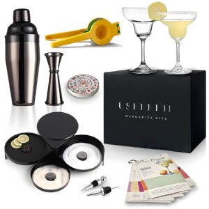 useekril margarita kit - set of 2 margarita glasses (8.5oz), 3-tier salt rimmer, stainless cocktail shaker & jigger, coasters，cocktails cards，citrus squeezer and more - margarita kit gift set