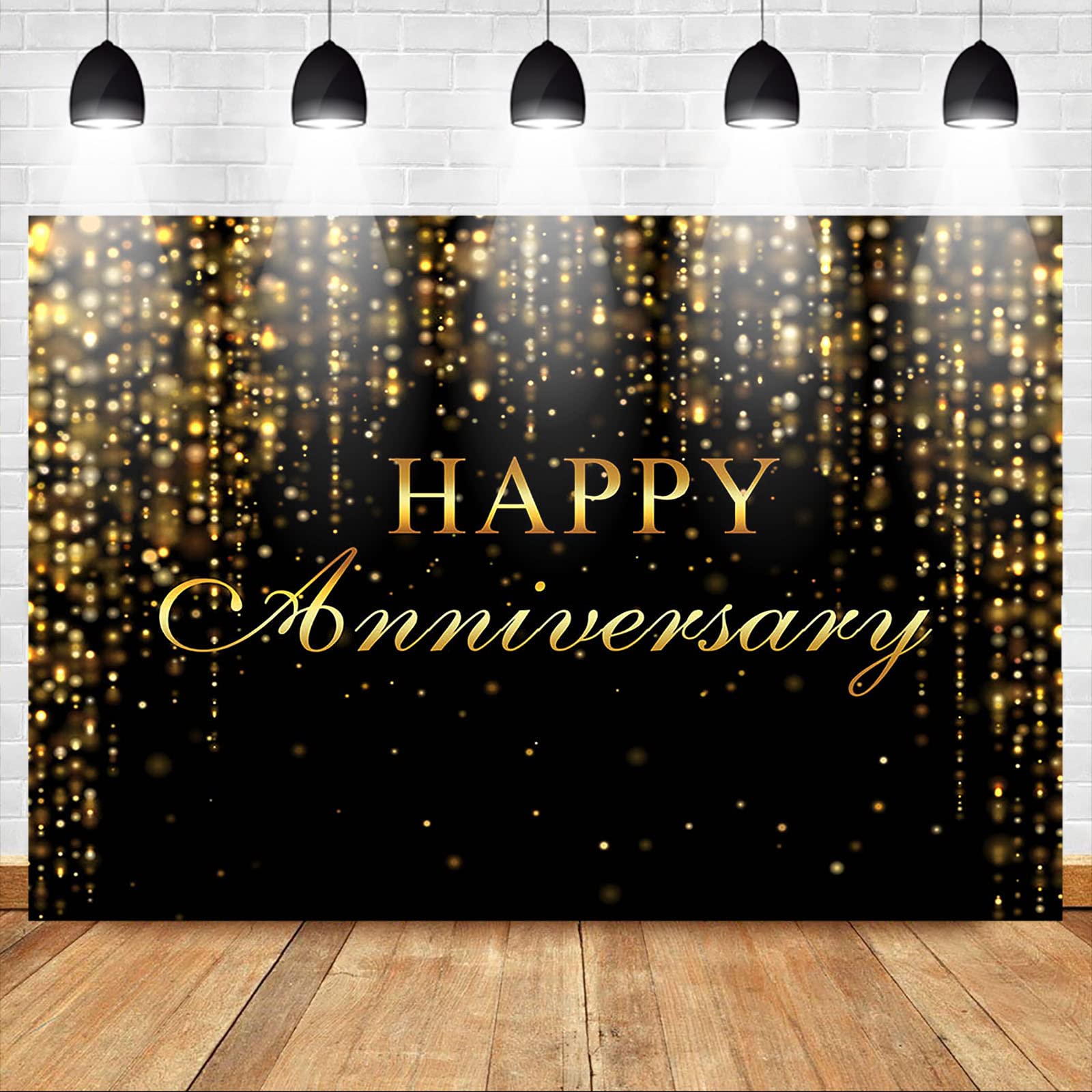 Mocsicka Black and Gold Happy Anniversary Backdrop Gold Glitter Bokeh Spot Wedding Anniversary Bridal Shower Party Decorations Cheers to Wedding Miss to Mrs Photography Background (Gold, 7x5ft)