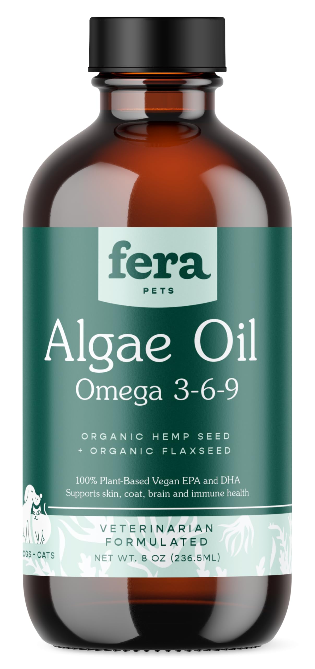 Fera Pet Organics Plant-Based Omega 3 Supplement for Dogs & Cats – Vet Created - Skin, Coat & Immunity – Vegan Omega 3 - EPA, DHA & ALA – 8oz, 48 Servings​