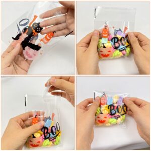 300PCS Halloween Treat Bags Sealable Halloween Cellophane Bags Individual Cookie Bags Self Adhesive Cookie Treat Bags DIY Translucent Plastic Bags for Bakery Biscuit Chocolate 3.94" x 3.94"