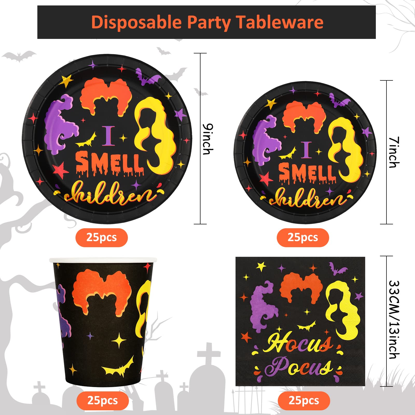 Whaline 100Pcs Halloween Tableware Set Hocus Pocus Disposable Dinnerware Set 50Pcs Paper Plates 25Pcs Napkin 25Pcs Cups for Halloween Party Witch Theme Party Supplies Table Decorations