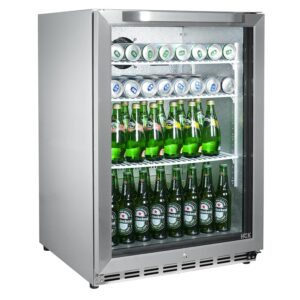 HCK 24 inch Freestanding/Built-in Beverage Cooler Refrigerator with 5.12 cu. ft. 161 cans Capacity, Undercounter refrigerators Reversible Glass Door and Stainless Steel Body for Soda Beer and Wine