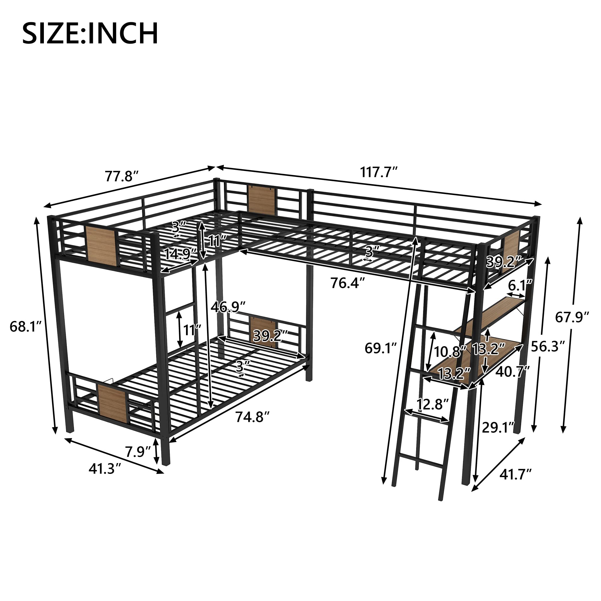 P PURLOVE L-Shaped Triple Metal Bunk Bed, Twin Over Twin Bunk Bed and Twin Loft Bed Attached,High Metal Loft Bed with Desk and Shelf for Kids Teens,Mo Box Spring Need