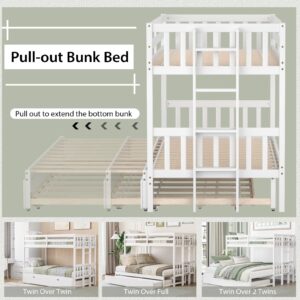 KOTEK Pull-Out Bunk Bed with Trundle, Twin Over Full, Twin Over 2 Twins Bunk Bed with Ladder & Safety Rails Accommodate 4 People, Detachable Solid Wood Bunk Bed for Kids, Adults (White)