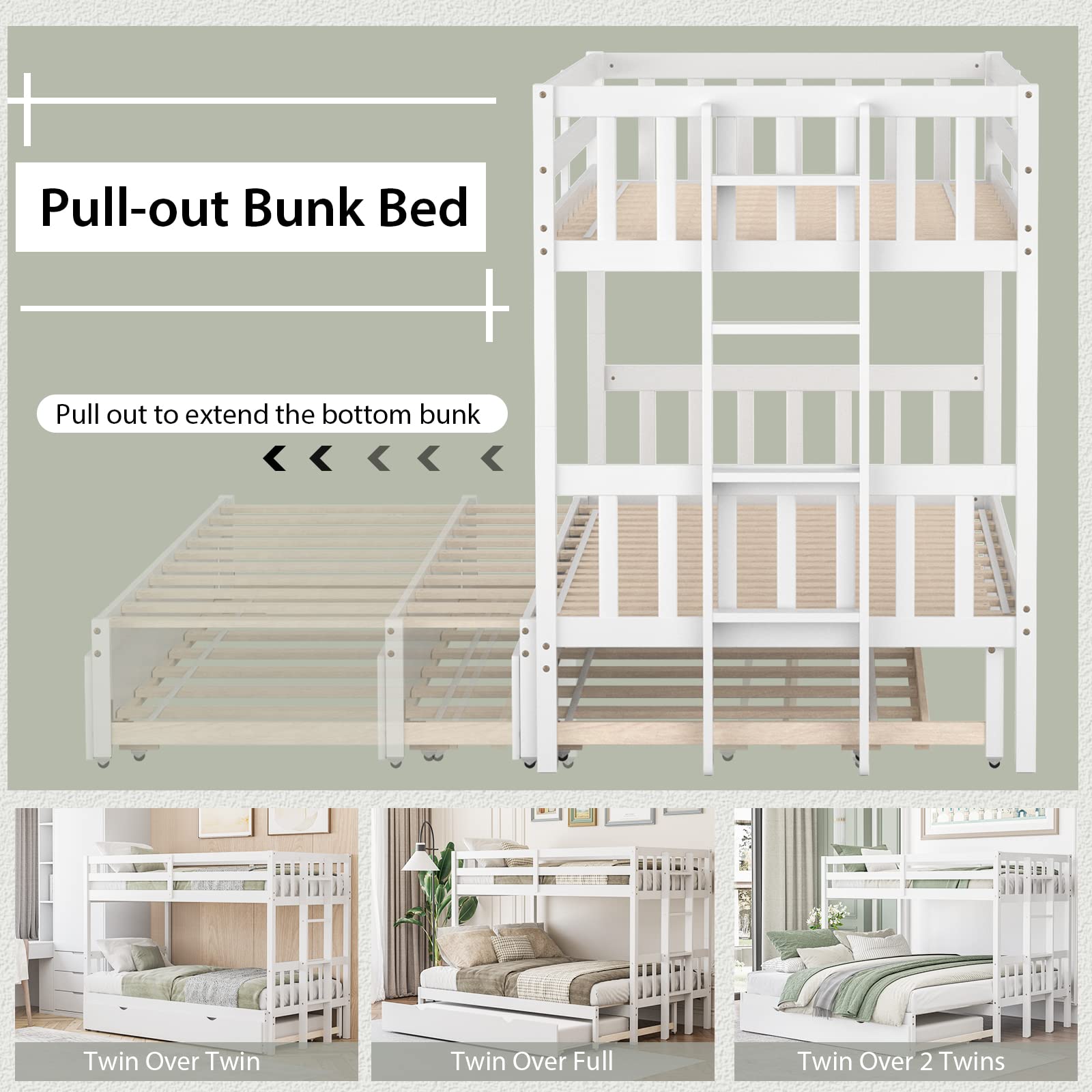 KOTEK Pull-Out Bunk Bed with Trundle, Twin Over Full, Twin Over 2 Twins Bunk Bed with Ladder & Safety Rails Accommodate 4 People, Detachable Solid Wood Bunk Bed for Kids, Adults (White)