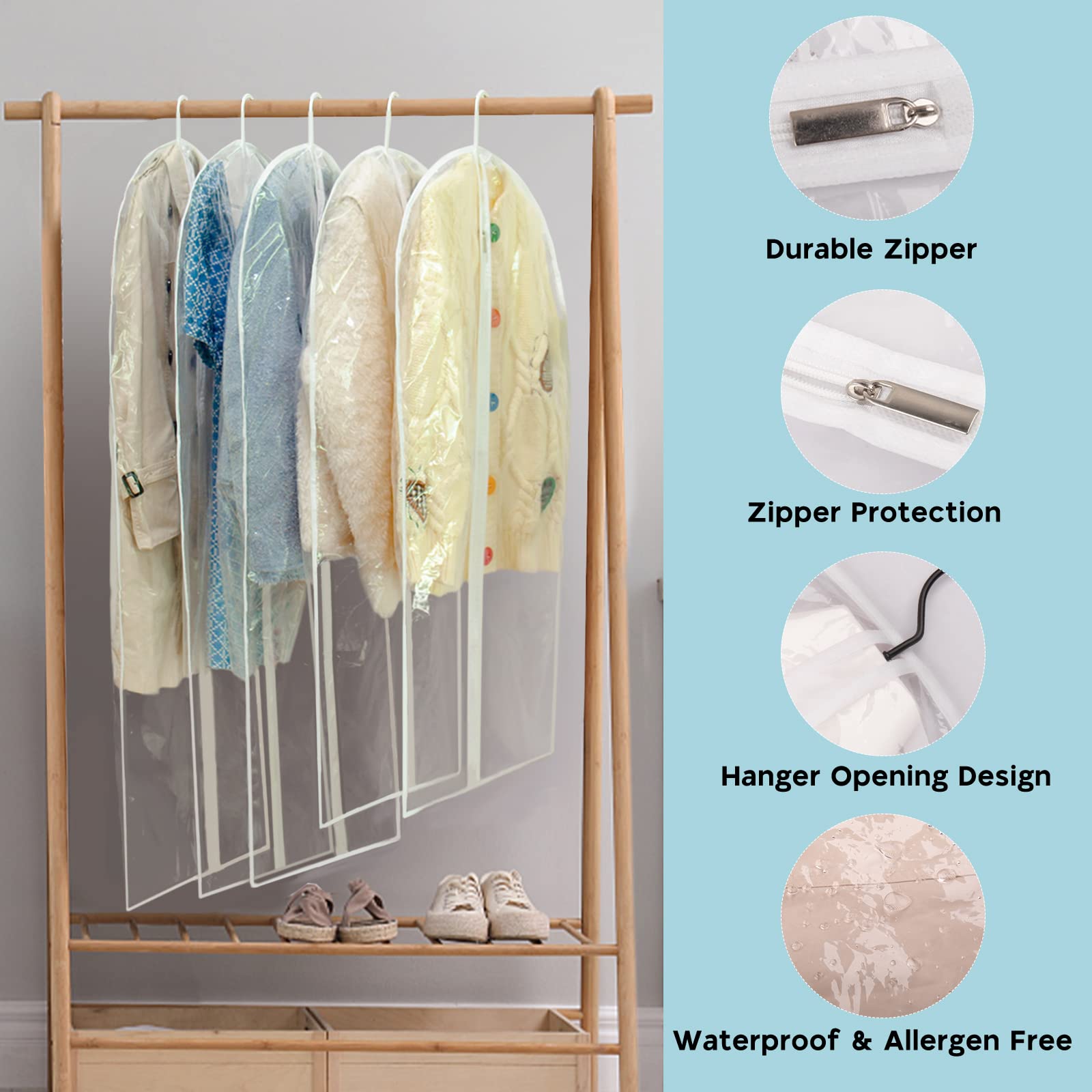 Garment Bags for Hanging Clothes, SMINDER Clear Plastic Bags Full Zipper Suit Bags PEVA Breathable Lightweight Garment Covers for Closet Storage, Suitable for Shirts, Jackets, Gowns (24" x 40"/8 Pack)