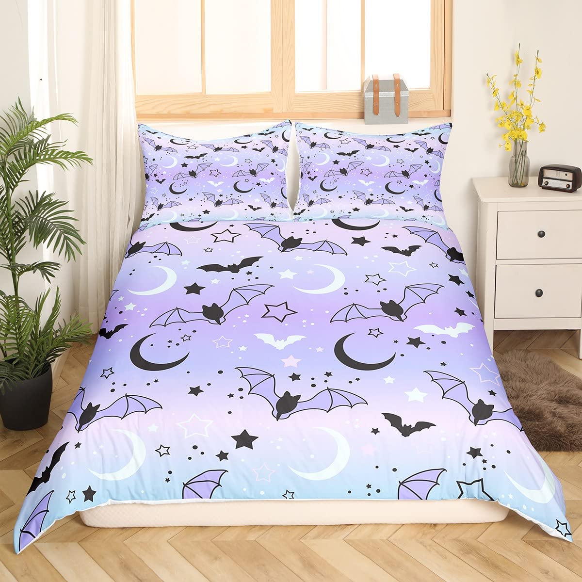 Halloween Comforter Cover Set Rainbow Bedding Set for Boys Girls Children Bat Moon Star Print Bedding Duvet Cover Set Halloween Theme Purple Gradient Style Room Decor Full Size Bedspread Cover 3Pcs