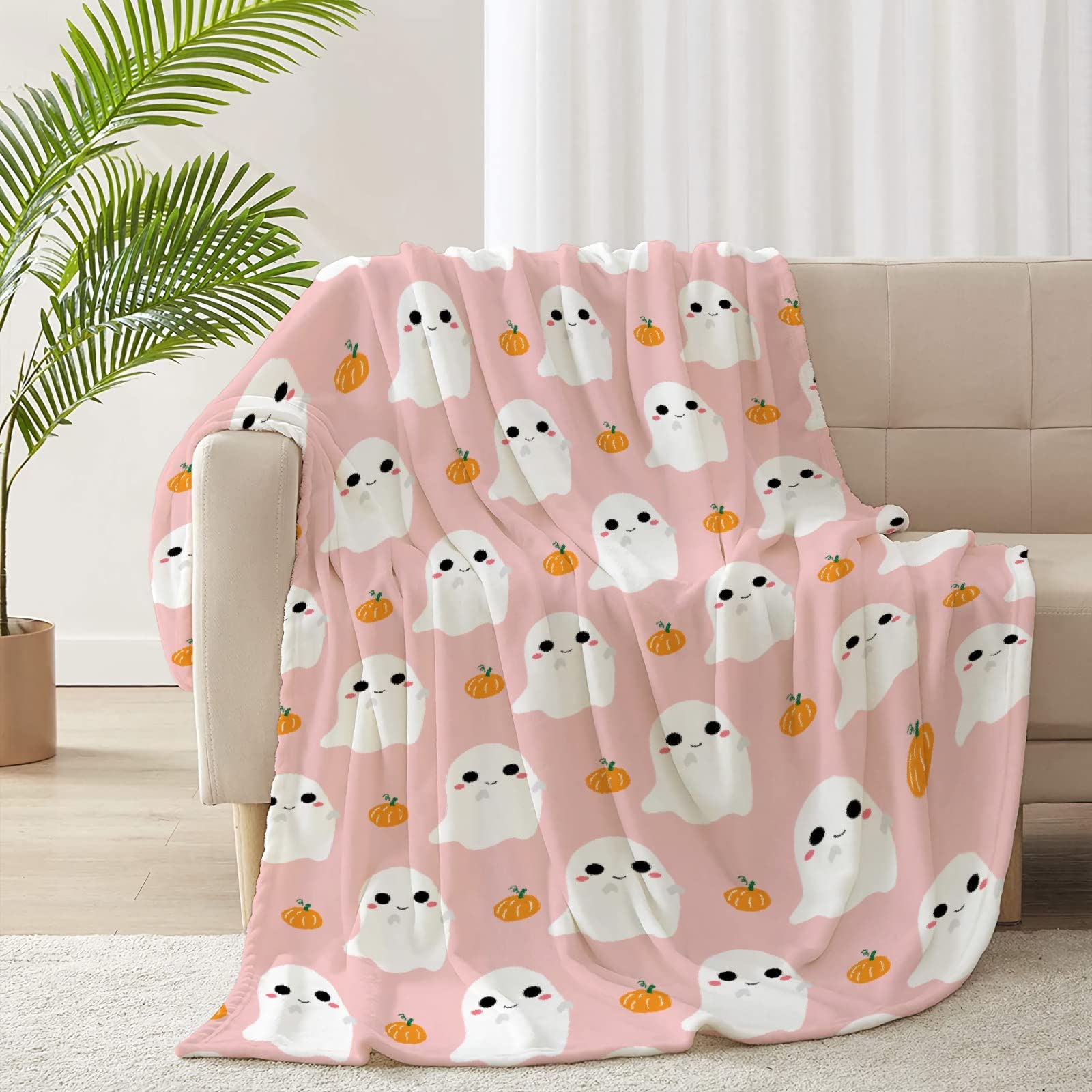 Cute Ghost Pumpkin Pink Blanket Halloween Lightweight Throw Blanket for Women Men Soft Cozy Fleece Couch Living Room Bed Blanket for Kids Girls Boys—All Season X-Small 40x30In (Toddler) PET