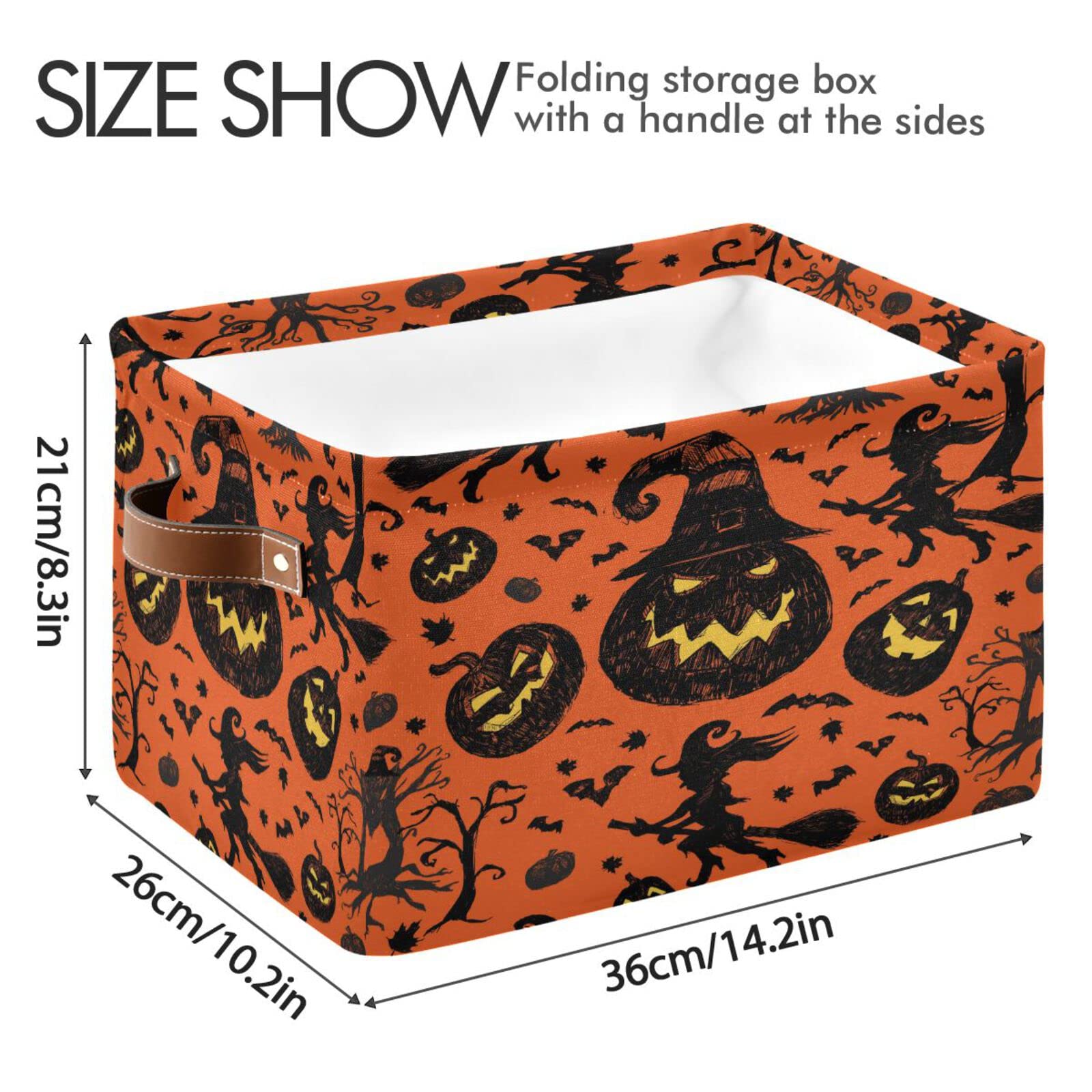 Wusikd Orange and Black Halloween Storage Basket Set of 1 Large Fabric Pumpkin Witch Storage Basket Bins Box Cube with Handles Collapsible Closet Shelf Clothes Organizer Basket for Nursery Bedroom