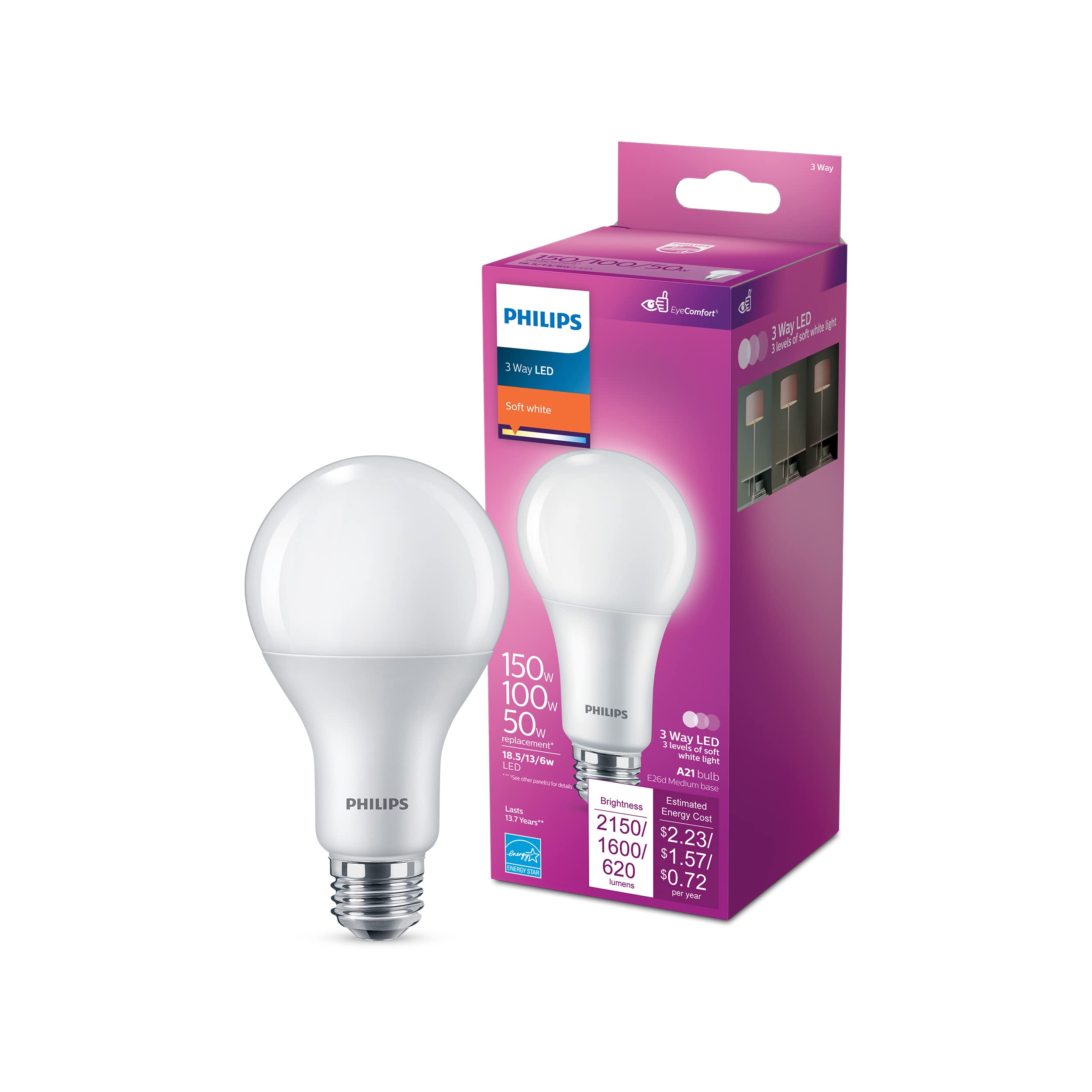 Philips LED Basic Frosted Non-Dimmable A21 Light Bulb - EyeComfort Technology - 2150 Lumen- Soft White (2700K) - 18.5W=150W - E26 Base - Indoor - 1-Pack