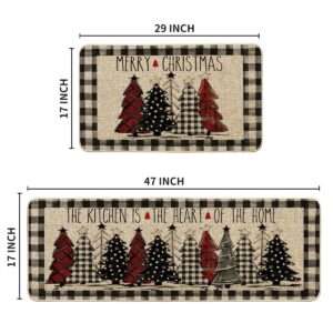 Artoid Mode Buffalo Plaid Xmas Tree Merry Christmas Kitchen Mats Set of 2, Winter Home Decor Low-Profile Kitchen Rugs for Floor - 17x29 and 17x47 Inch