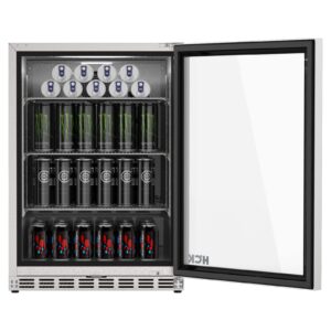 HCK 24 inch Freestanding/Built-in Beverage Cooler Refrigerator with 5.12 cu. ft. 161 cans Capacity, Undercounter refrigerators Reversible Glass Door and Stainless Steel Body for Soda Beer and Wine