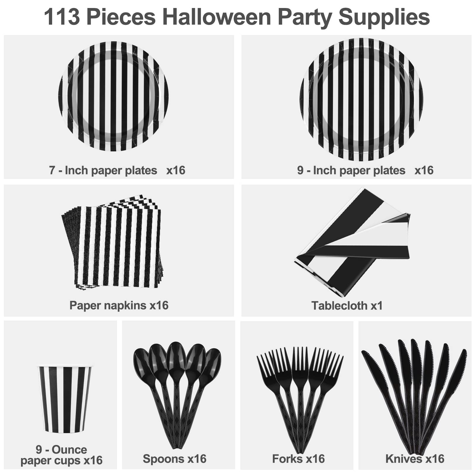 durony 113 Pieces Black and White Striped Party Supplies Table Decorations Includes Paper Napkins Cups Plates Knives Forks Spoons Tablecloth Disposable Tableware Set for Birthday Graduation Wedding