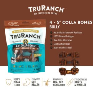 TRURANCH 4-5" Collagen Bones, Bully, Healthy Joint Support Dog Treat, Rawhide Alternative, Skin & Coat Health, 1 Bag, 4 Count