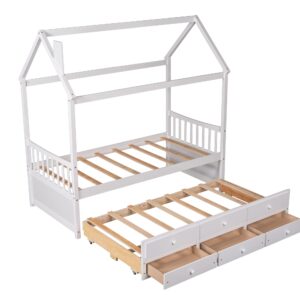 Bellemave Twin House Bed with Trundle and 3 Storage Drawers, Twin Captain's Beds Wooden Storage Daybed Frame for Kids Teens Boys Girls (Twin Size, White)