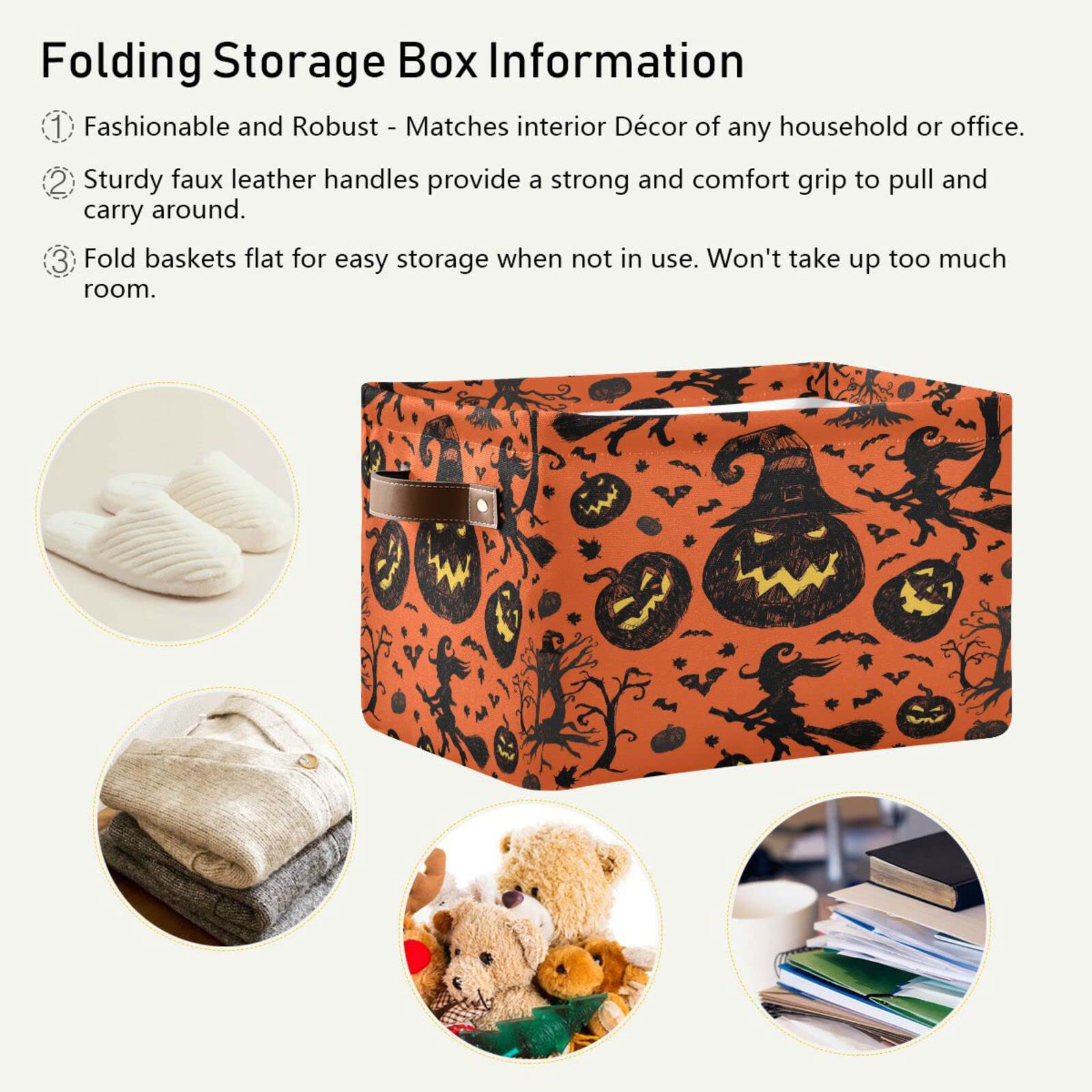 Wusikd Orange and Black Halloween Storage Basket Set of 1 Large Fabric Pumpkin Witch Storage Basket Bins Box Cube with Handles Collapsible Closet Shelf Clothes Organizer Basket for Nursery Bedroom