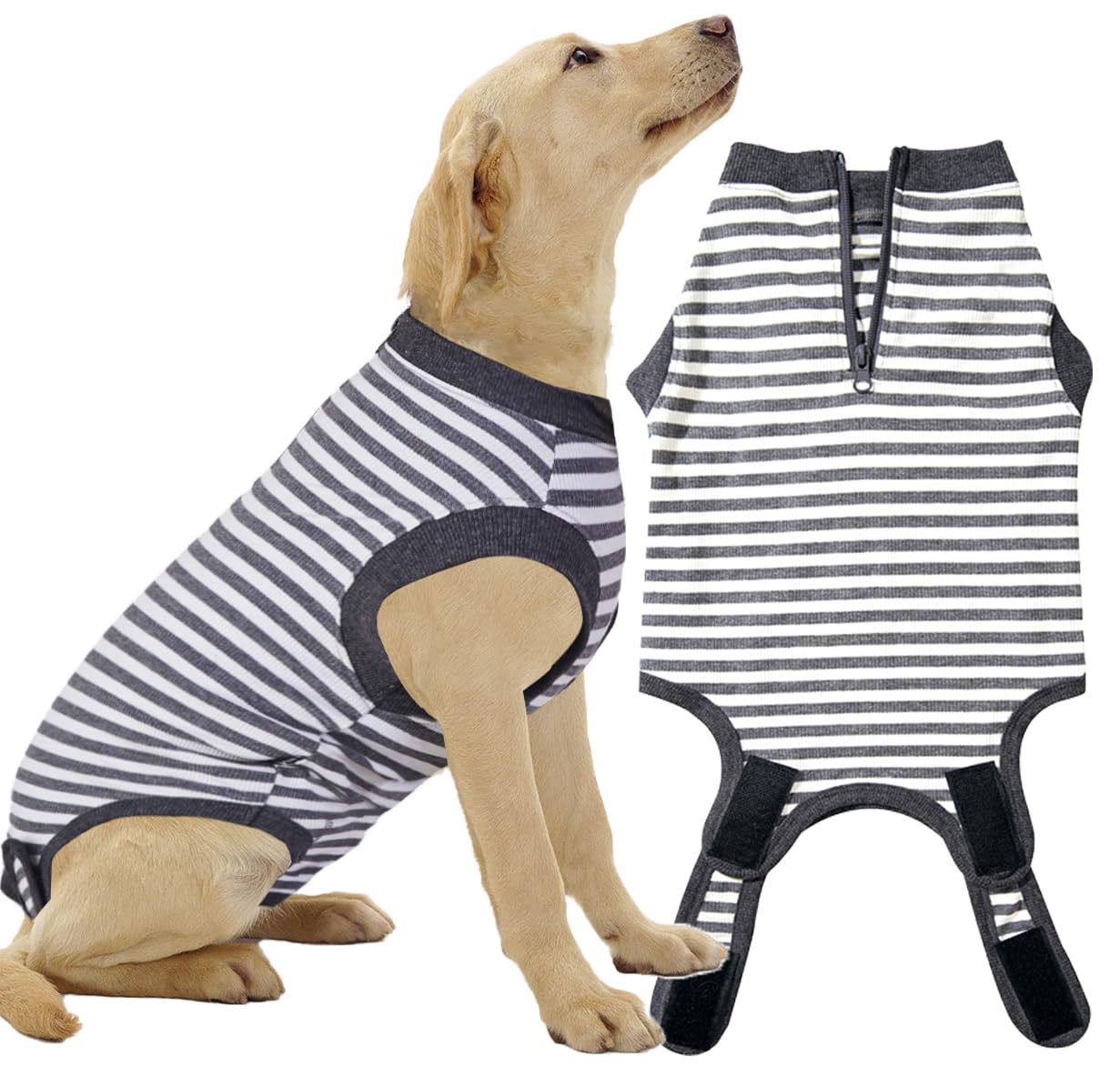 Wabdhally Dog Surgery Recovery Suit,Surgical Suit for Large Female Spay,Soft Combed Cotton,Grey Striped Zipper Onesie L