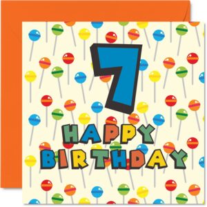 7th birthday card unisex - lollipop sweets candy - happy birthday card 7 year old son daughter brother sister grandson granddaughter niece nephew cousin, 5.7 x 5.7 inch seventh bday greeting card