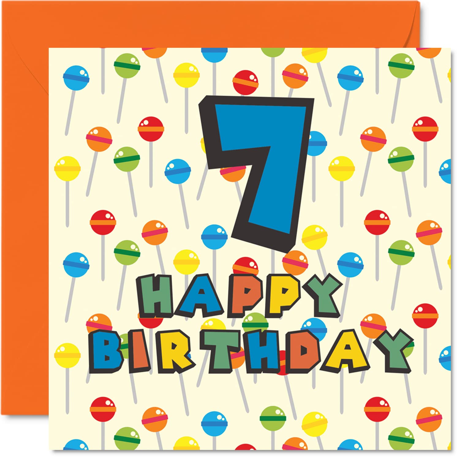 7th Birthday Card Unisex - Lollipop Sweets Candy - Happy Birthday Card 7 Year Old Son Daughter Brother Sister Grandson Granddaughter Niece Nephew Cousin, 5.7 x 5.7 Inch Seventh Bday Greeting Card