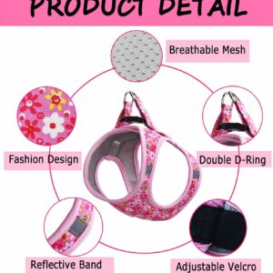 Moonpet Step in Air Dog Harness Leash Set- All Weather Reflective No-Pull Floral Pattern Padded Mesh Vest Harness for Cats Puppy Extra-Small Small Medium Large Dogs - Pink Flower - XXS