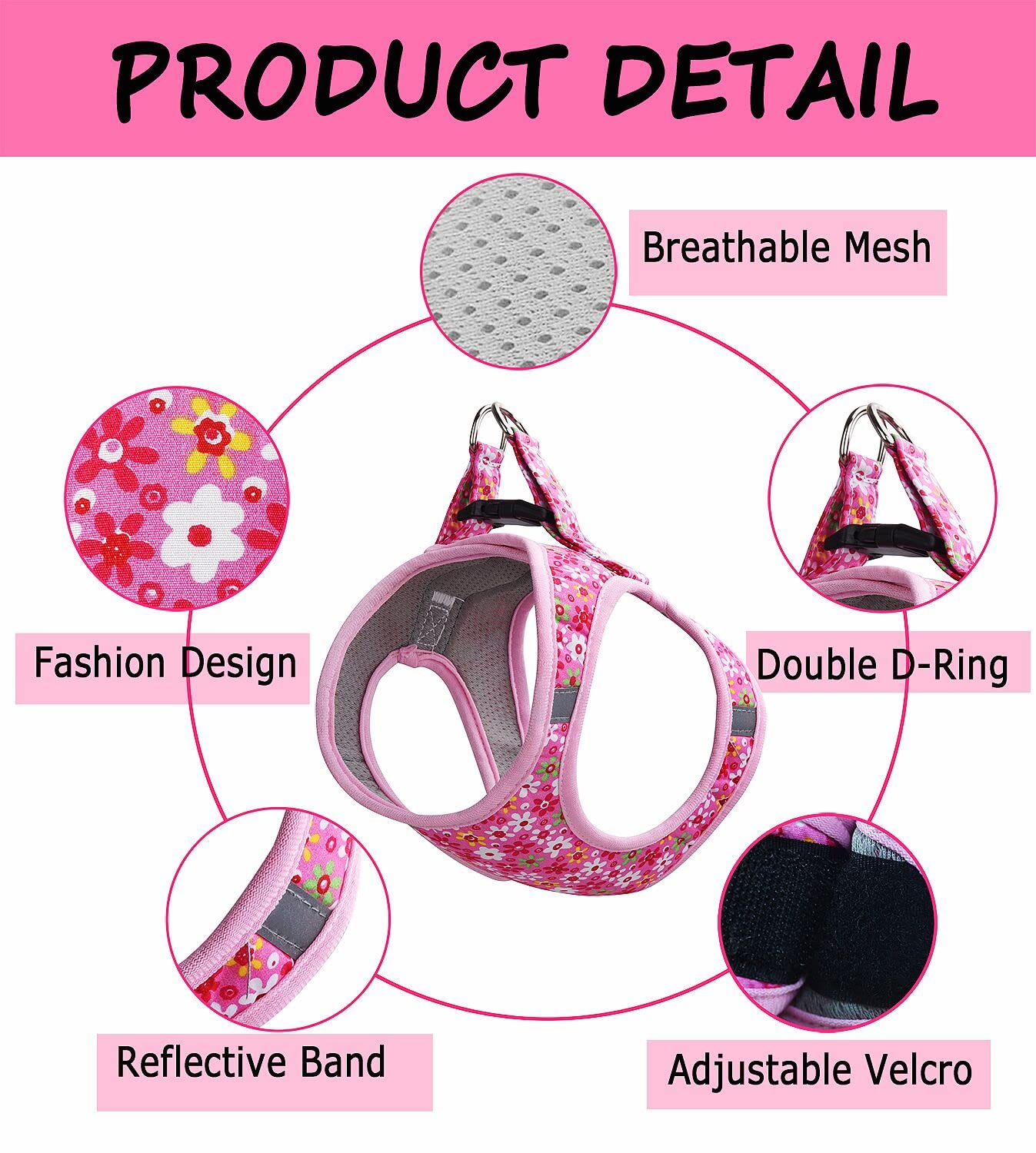 Moonpet Step in Air Dog Harness Leash Set- All Weather Reflective No-Pull Floral Pattern Padded Mesh Vest Harness for Cats Puppy Extra-Small Small Medium Large Dogs - Pink Flower - XXS