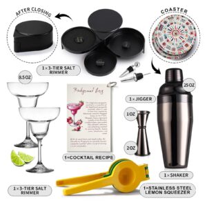 USEEKRIL Margarita Kit - Set of 2 Margarita Glasses (8.5oz), 3-Tier Salt Rimmer, Stainless Cocktail Shaker & Jigger, Coasters，Cocktails Cards，Citrus Squeezer and More - Margarita Kit Gift Set