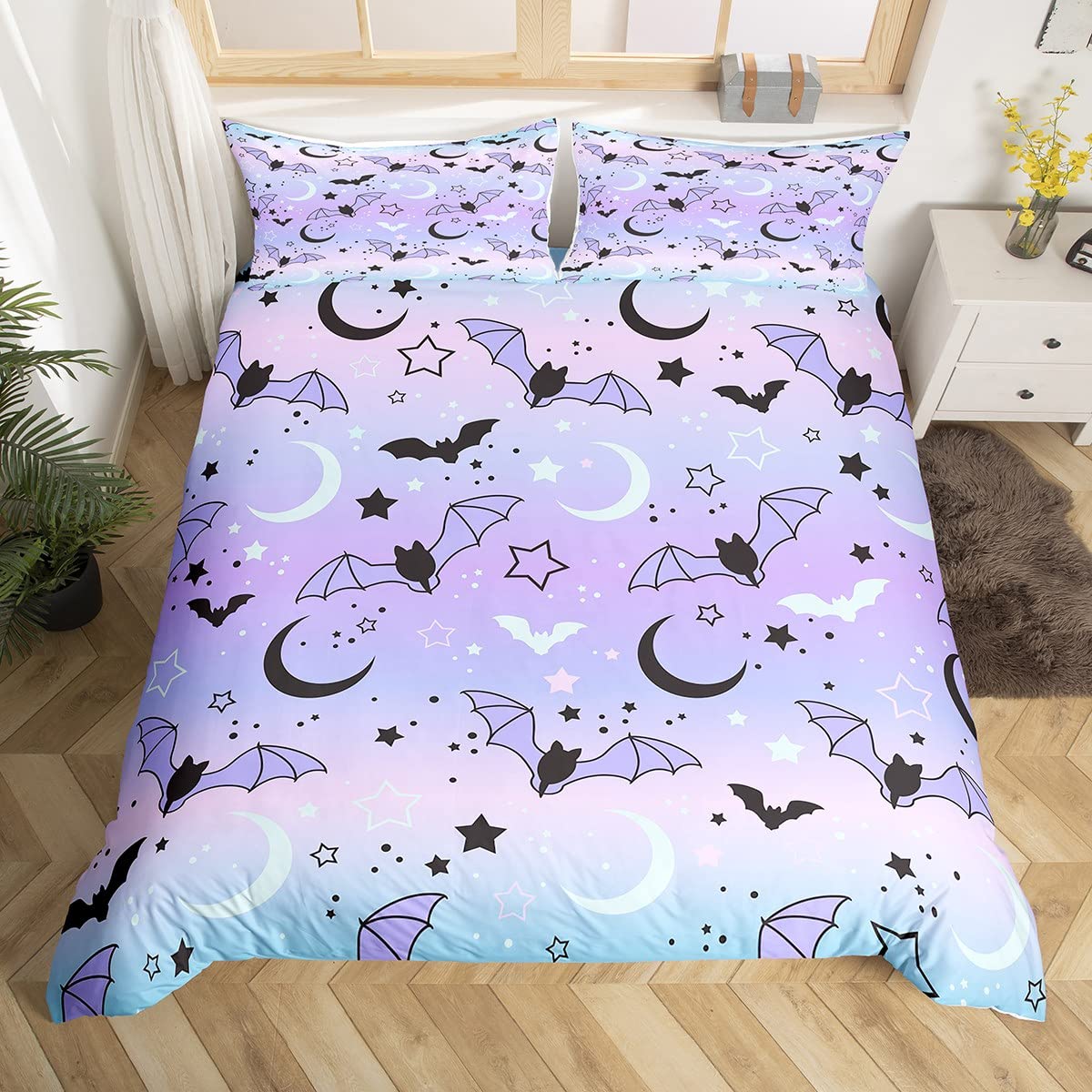 Halloween Comforter Cover Set Rainbow Bedding Set for Boys Girls Children Bat Moon Star Print Bedding Duvet Cover Set Halloween Theme Purple Gradient Style Room Decor Full Size Bedspread Cover 3Pcs