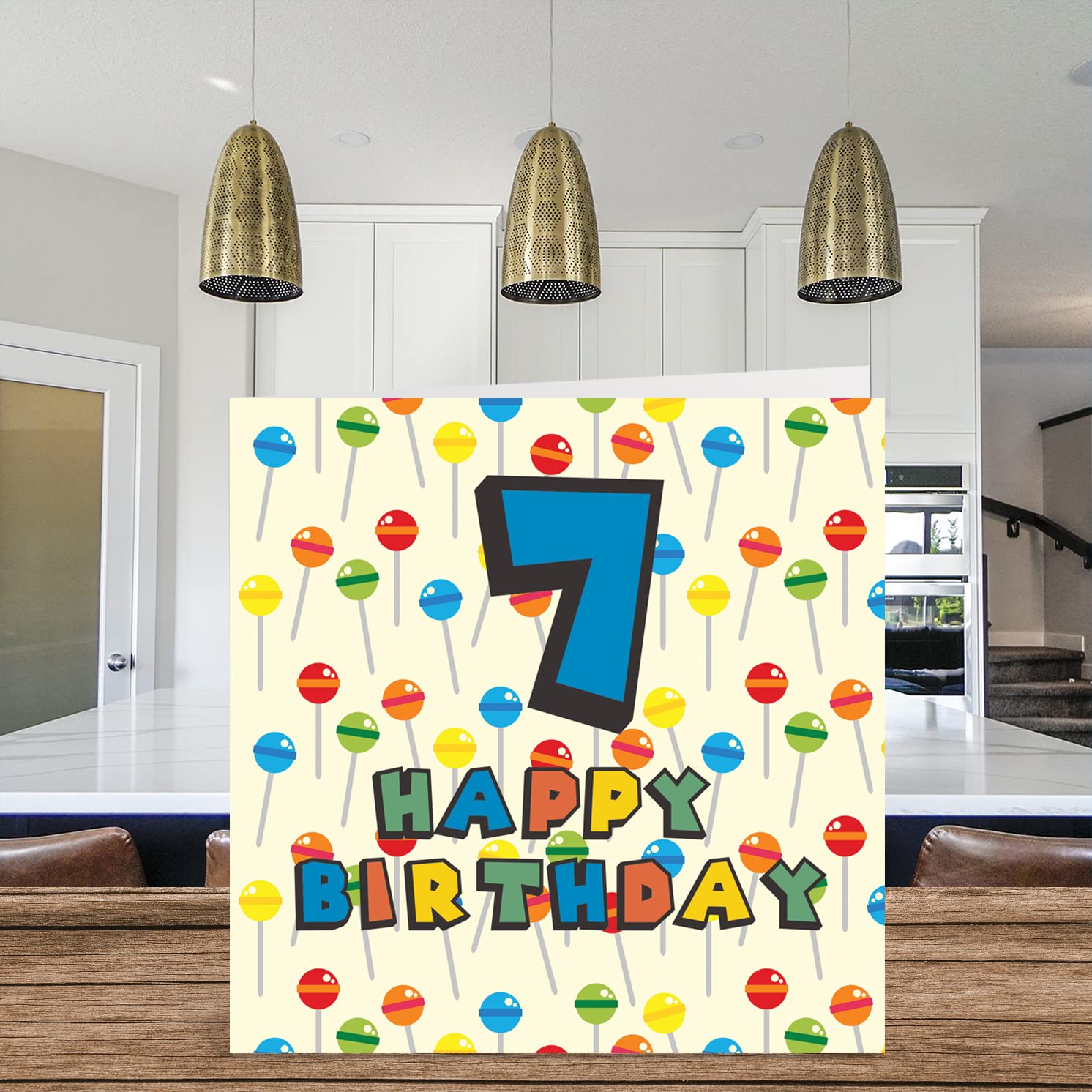 7th Birthday Card Unisex - Lollipop Sweets Candy - Happy Birthday Card 7 Year Old Son Daughter Brother Sister Grandson Granddaughter Niece Nephew Cousin, 5.7 x 5.7 Inch Seventh Bday Greeting Card