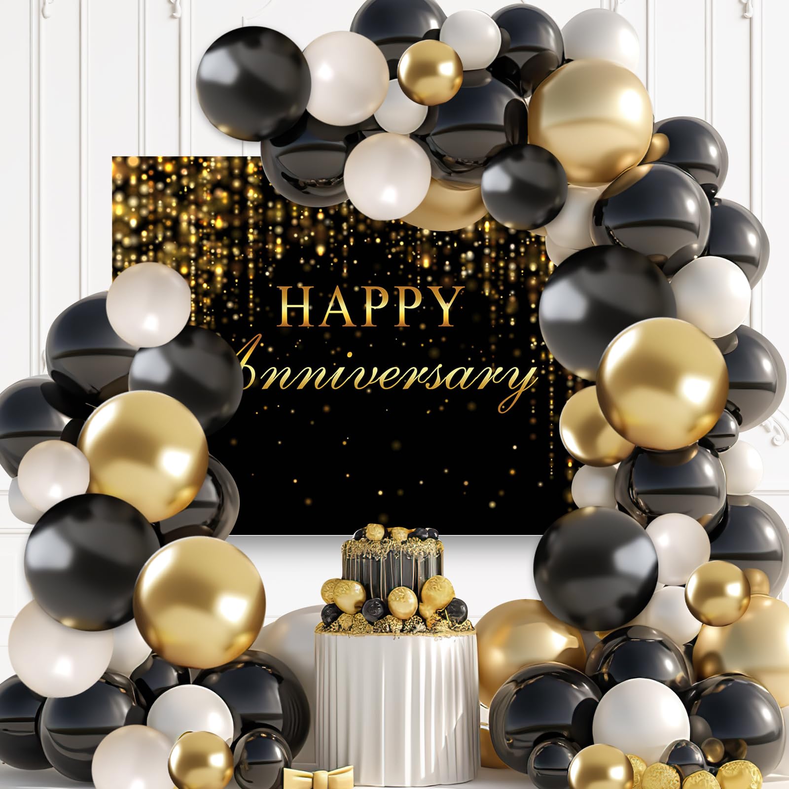 Mocsicka Black and Gold Happy Anniversary Backdrop Gold Glitter Bokeh Spot Wedding Anniversary Bridal Shower Party Decorations Cheers to Wedding Miss to Mrs Photography Background (Gold, 7x5ft)