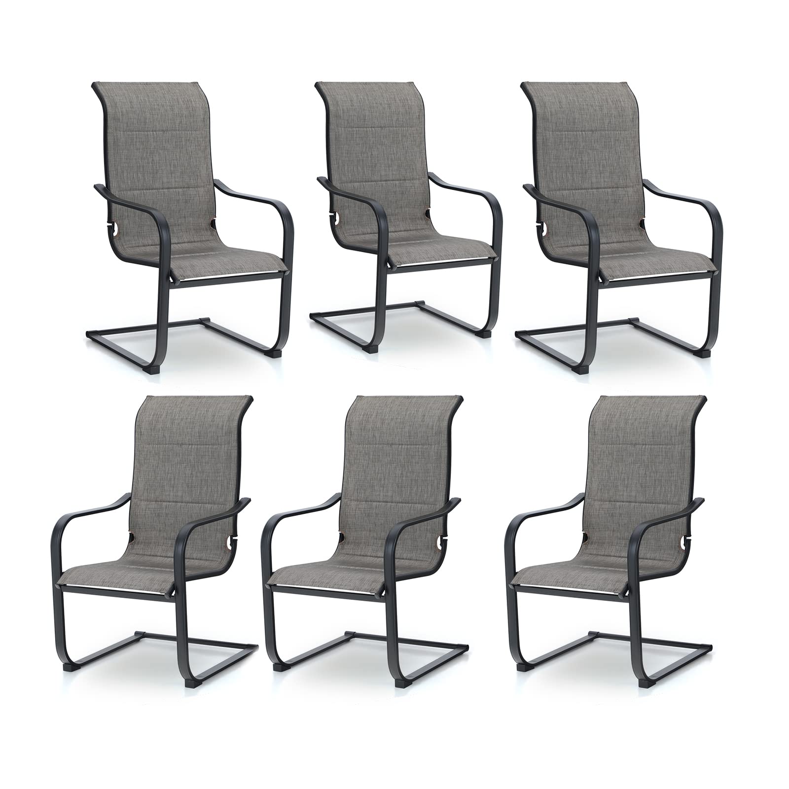 PHI VILLA Outdoor C-Spring Dining Chairs Set of 6, Patio Sling High Back Rocker Chairs with Padded Textilene Fabric & Black Metal Frame for Patio, Porch, Deck, Yard