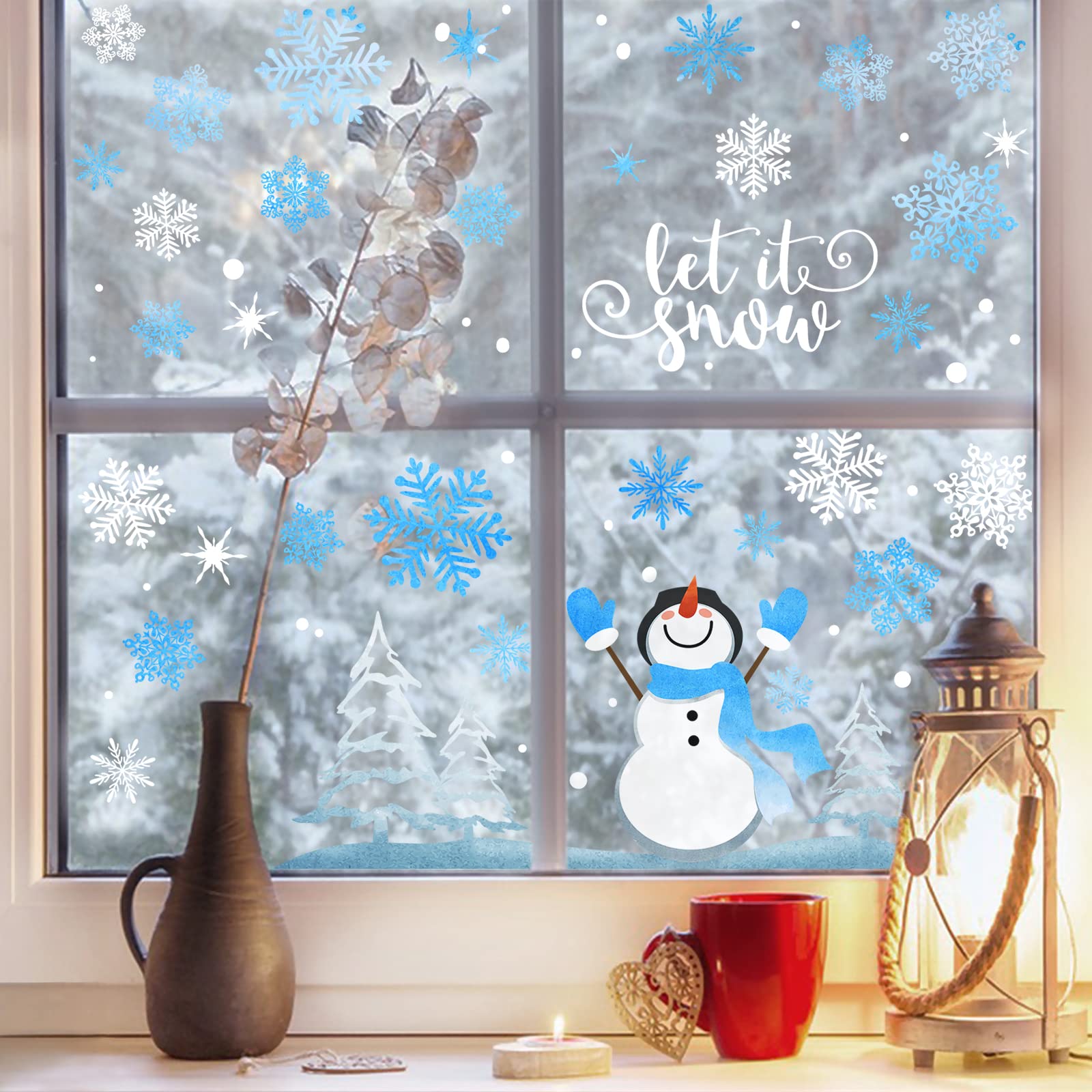 Yovkky Snowflakes Snowman Window Clings 9 Sheets, Let it Snow Quote Stickers Decal Decor for Glass, 2025 New Year Christmas Home Kitchen Winter Holiday Decorations