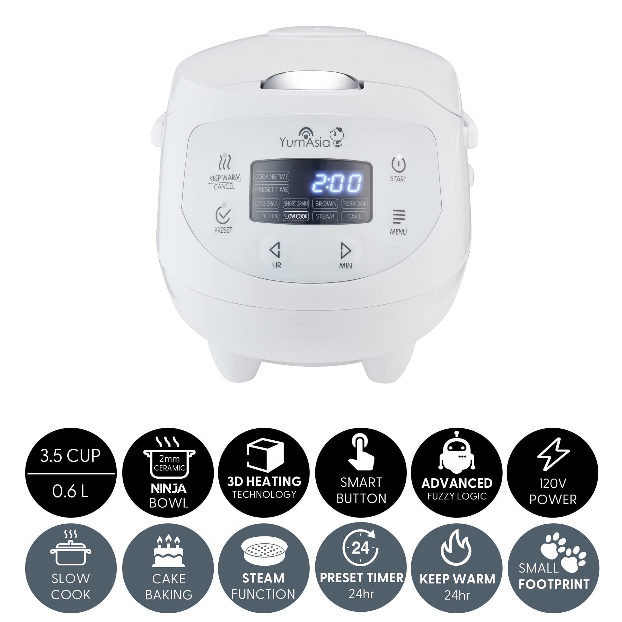 Yum Asia Panda Mini Rice Cooker With Ninja Ceramic Bowl and Advanced Fuzzy Logic (3.5 cup, 0.63 litre) 4 Rice Cooking Functions, 4 Multicooker functions, Digital LED display - 120V