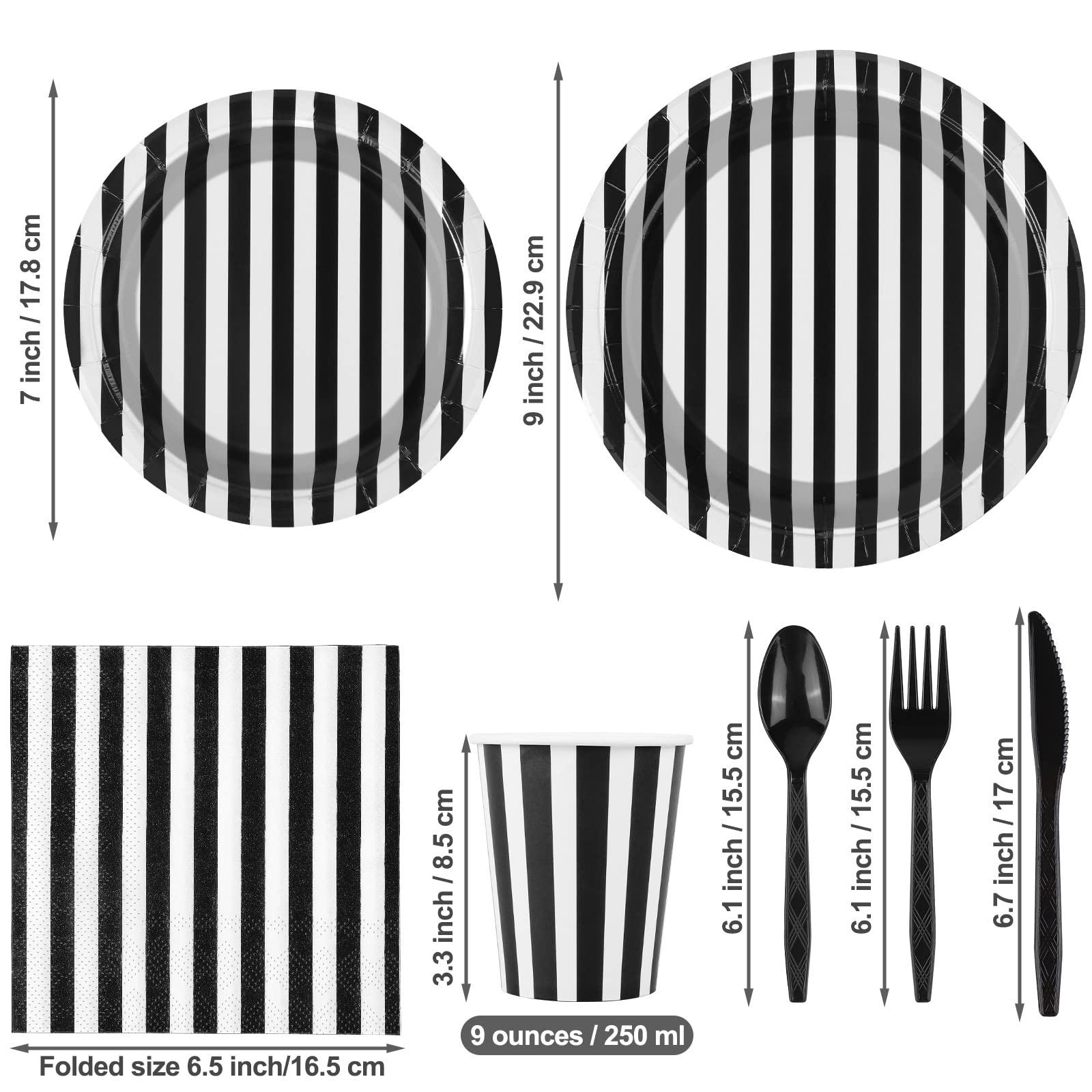 durony 113 Pieces Black and White Striped Party Supplies Table Decorations Includes Paper Napkins Cups Plates Knives Forks Spoons Tablecloth Disposable Tableware Set for Birthday Graduation Wedding