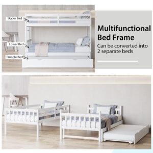 KOTEK Pull-Out Bunk Bed with Trundle, Twin Over Full, Twin Over 2 Twins Bunk Bed with Ladder & Safety Rails Accommodate 4 People, Detachable Solid Wood Bunk Bed for Kids, Adults (White)