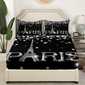 Eiffel Tower Sheet Set Full Size,Romantic Paris Tower Bed Sheets for Teens Adult,Gradient Diamond Bedding Set,Black White Sparkles Sequins Valentines Fitted Sheet + Top Sheet + 2 Pillow Shams