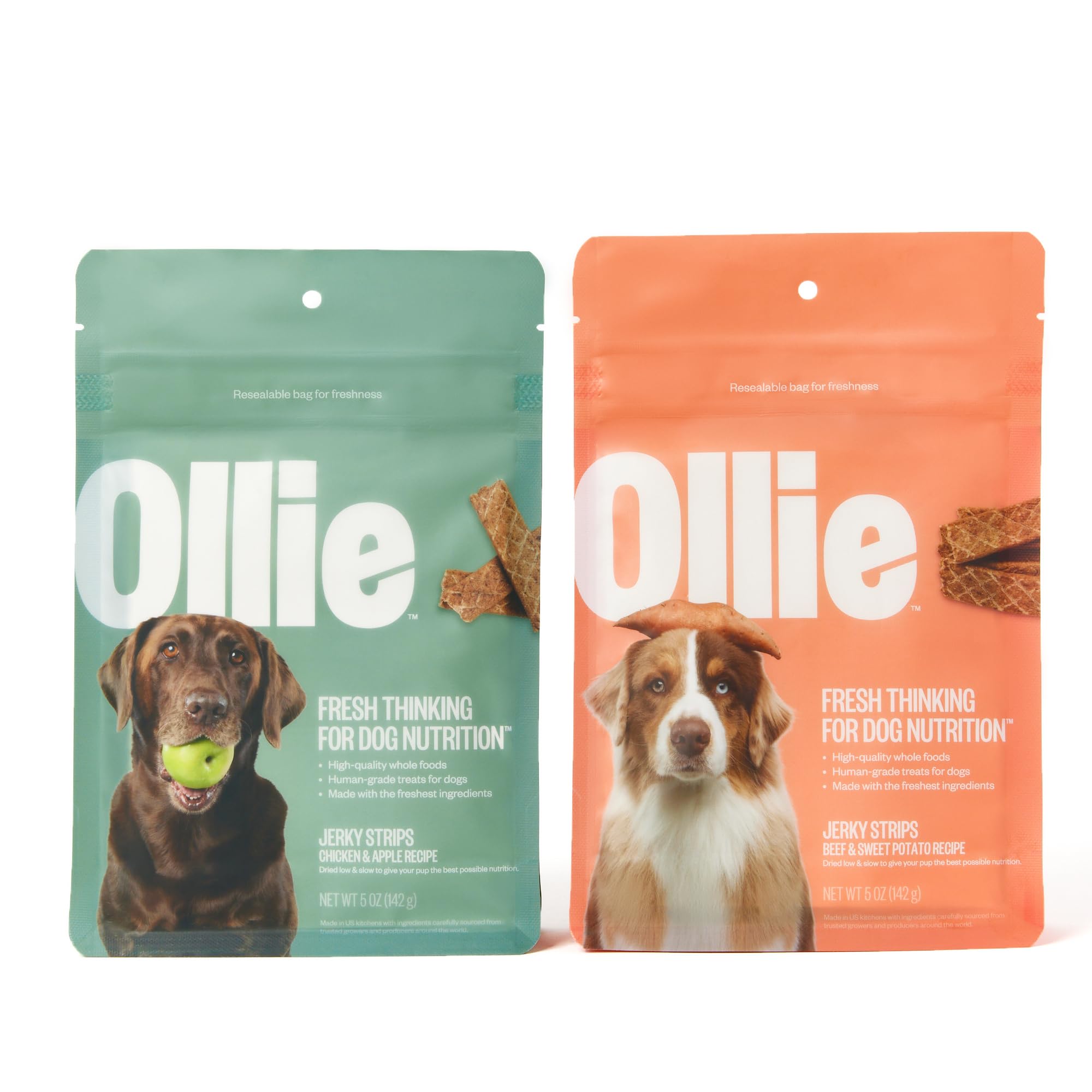 Ollie Jerky Treats Variety Pack - Chicken and Apple Recipe and Beef and Sweet Potato Recipe - Dog Jerky Treats All Natural - Healthy Dog Treats - Real Meat Dog Treats 10 Oz.