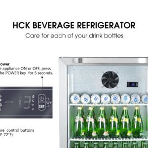 HCK 24 inch Freestanding/Built-in Beverage Cooler Refrigerator with 5.12 cu. ft. 161 cans Capacity, Undercounter refrigerators Reversible Glass Door and Stainless Steel Body for Soda Beer and Wine