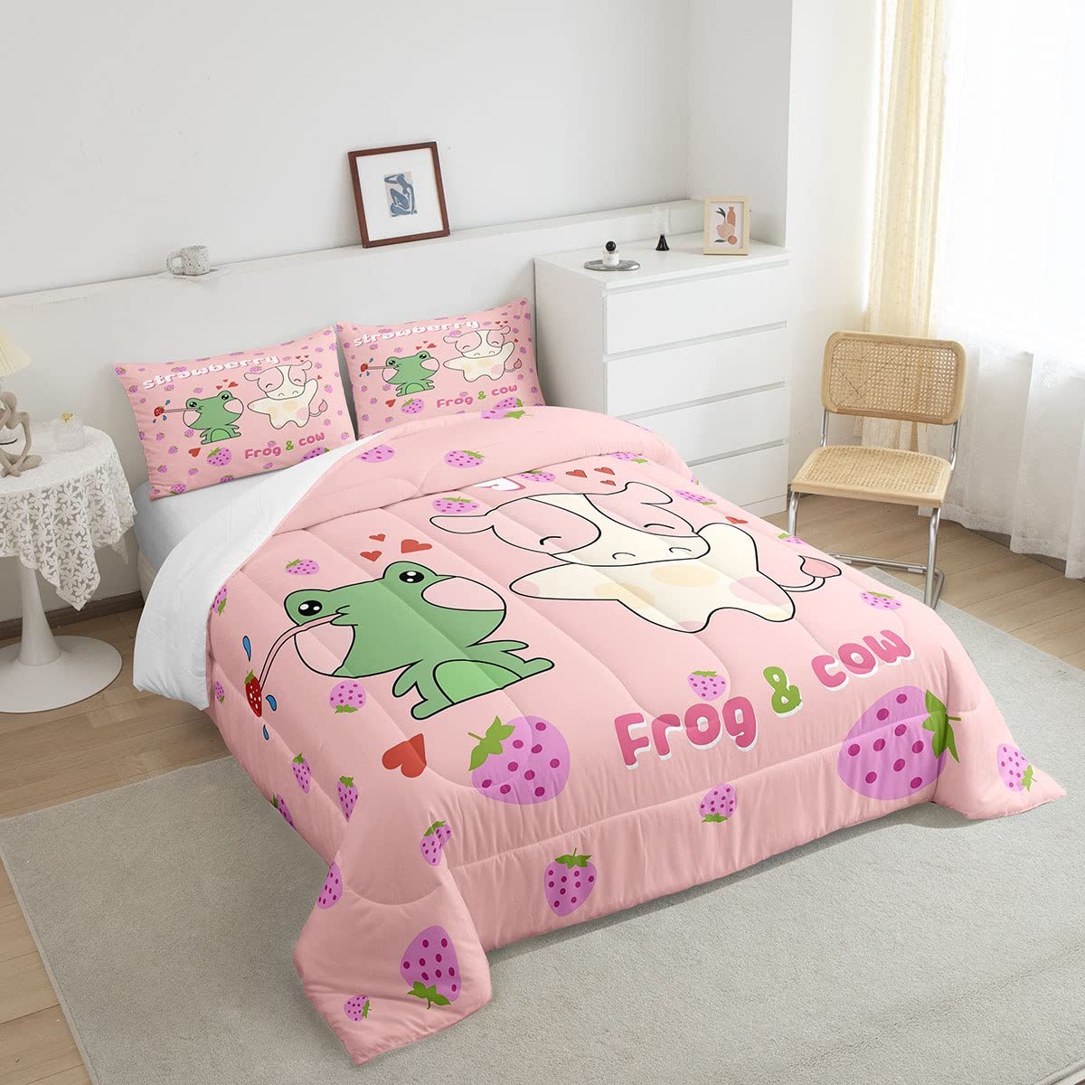 Erosebridal Cute Cow Frog Bedding Set Pink Strawberry Bedding Comforter Sets Cow Print Duvet Insert Animal Theme Quilted Comforter 3 Piece with 2 Pillow Sham, Cartoon Style Room Decor Kids Girls Boys