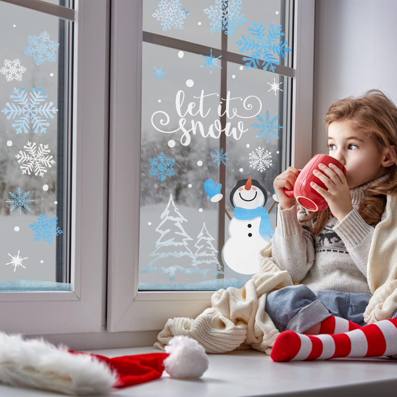 Yovkky Snowflakes Snowman Window Clings 9 Sheets, Let it Snow Quote Stickers Decal Decor for Glass, 2025 New Year Christmas Home Kitchen Winter Holiday Decorations