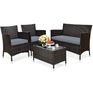 RELAX4LIFE 4-Piece Patio Furniture Set - Wicker Rattan Chairs w/Tempered Glass Coffee Table & Seat Cushions, Sofa Set for Garden Backyard Porch Balcony, Outdoor Conversation Set (Grey, 1)