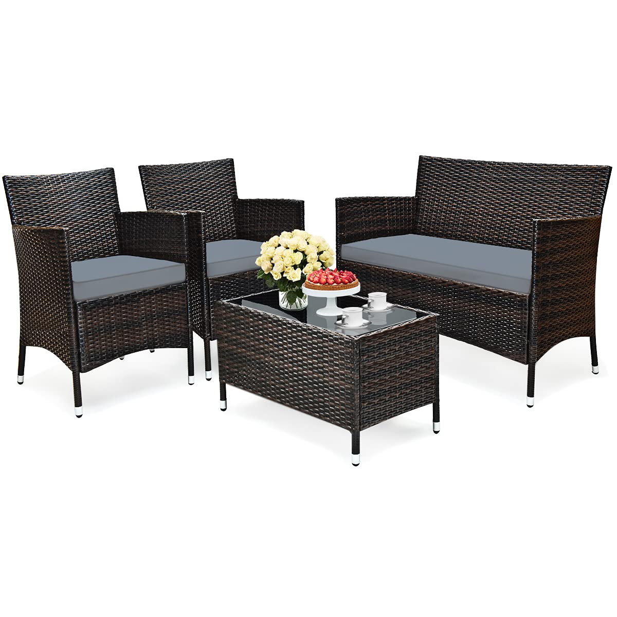 RELAX4LIFE 4-Piece Patio Furniture Set - Wicker Rattan Chairs w/Tempered Glass Coffee Table & Seat Cushions, Sofa Set for Garden Backyard Porch Balcony, Outdoor Conversation Set (Grey, 1)