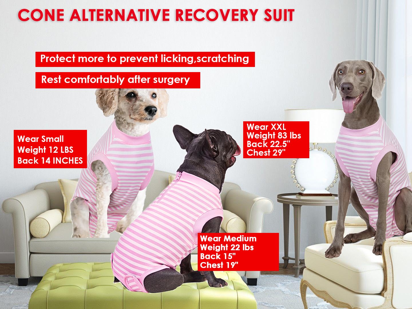 Wabdhally Dog Surgery Recovery Suit for Female Spay,Surgical Suit for Large Female Dogs Labrador,Soft Combed Cotton,Striped Pink Onesie XXXL