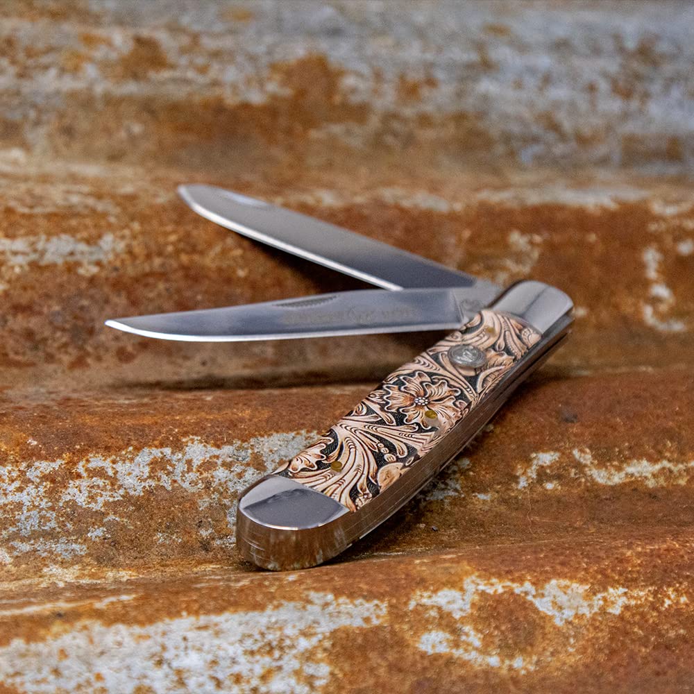 WHISKEY BENT HAT CO. Traditional Trapper Folding Pocket Knife 4.125" Closed Length 440C Stainless Steel Blades (Floral Tool)