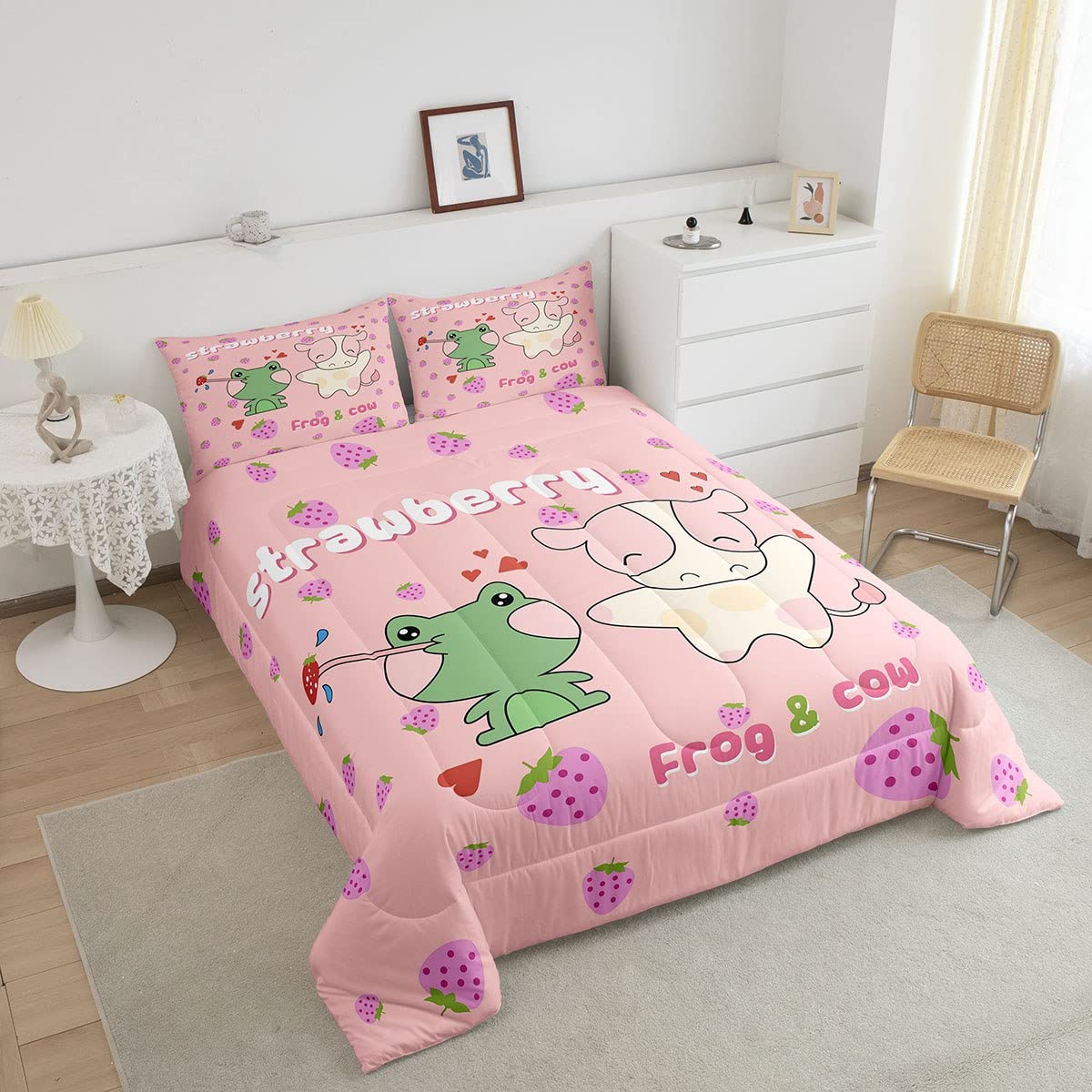 Erosebridal Cute Cow Frog Bedding Set Pink Strawberry Bedding Comforter Sets Cow Print Duvet Insert Animal Theme Quilted Comforter 3 Piece with 2 Pillow Sham, Cartoon Style Room Decor Kids Girls Boys