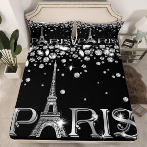 Eiffel Tower Sheet Set Full Size,Romantic Paris Tower Bed Sheets for Teens Adult,Gradient Diamond Bedding Set,Black White Sparkles Sequins Valentines Fitted Sheet + Top Sheet + 2 Pillow Shams