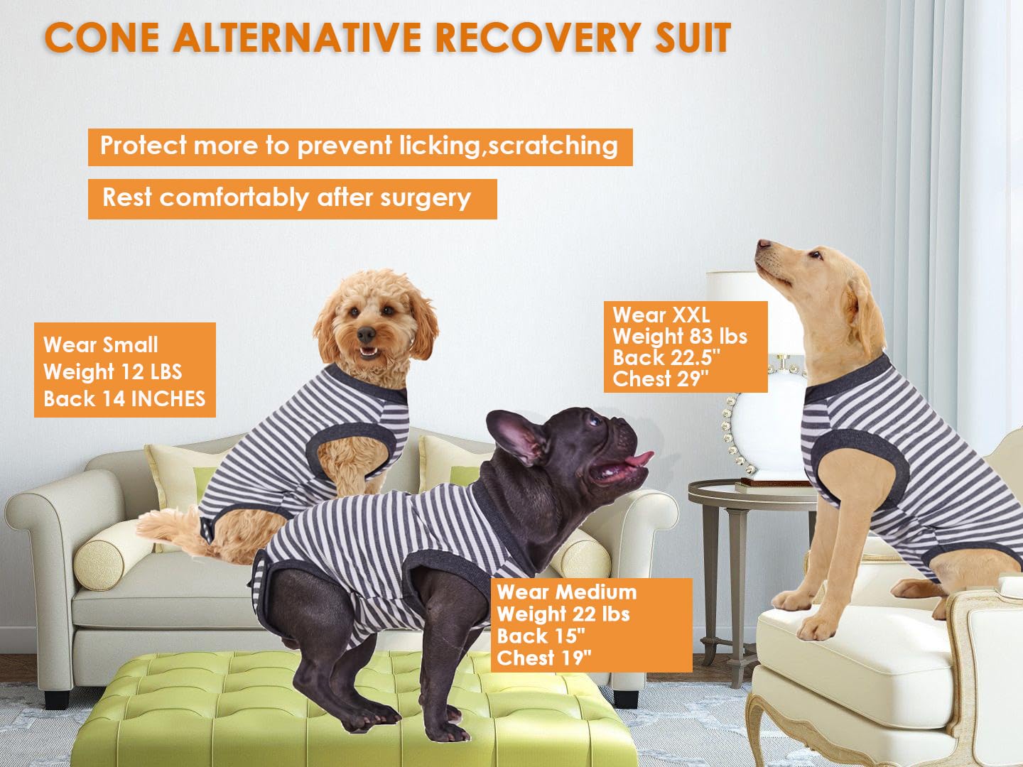 Wabdhally Dog Surgery Recovery Suit,Surgical Suit for Large Female Spay,Soft Combed Cotton,Grey Striped Zipper Onesie L