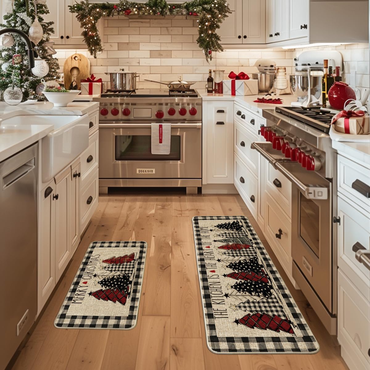 Artoid Mode Buffalo Plaid Xmas Tree Merry Christmas Kitchen Mats Set of 2, Winter Home Decor Low-Profile Kitchen Rugs for Floor - 17x29 and 17x47 Inch