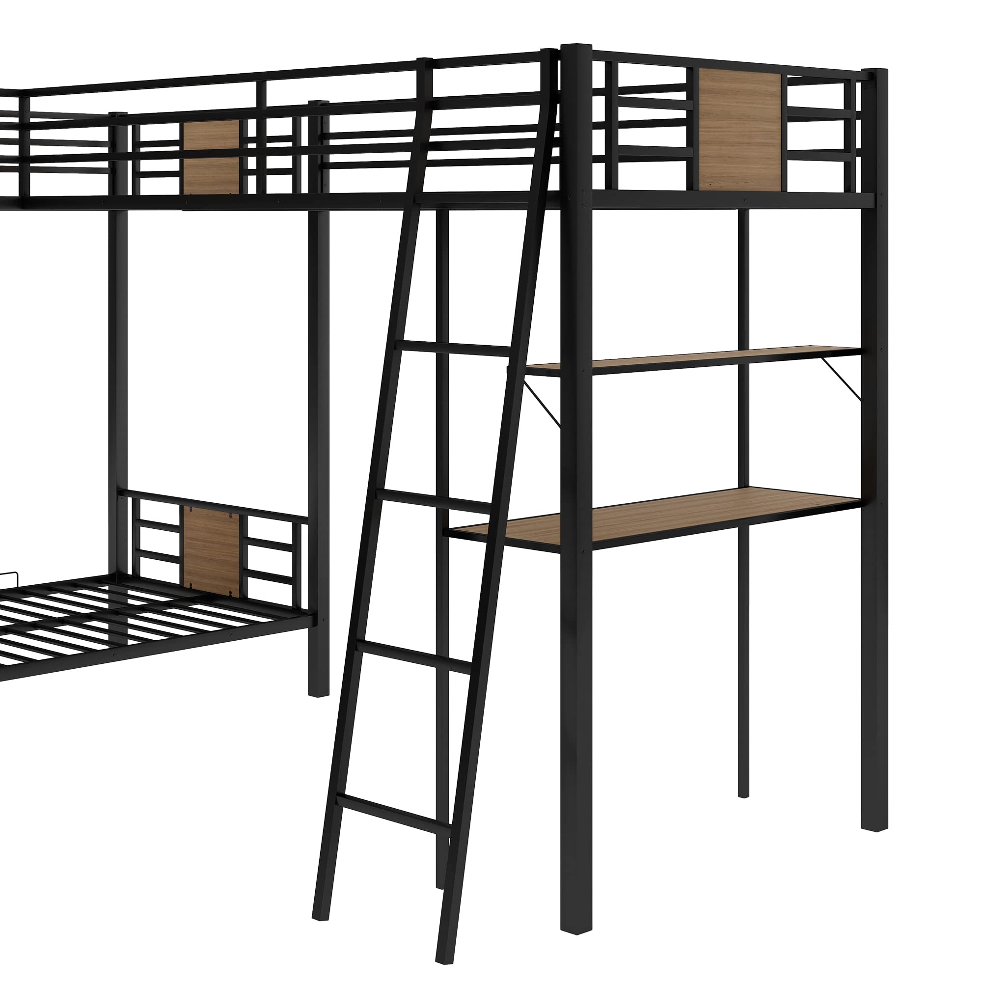 P PURLOVE L-Shaped Triple Metal Bunk Bed, Twin Over Twin Bunk Bed and Twin Loft Bed Attached,High Metal Loft Bed with Desk and Shelf for Kids Teens,Mo Box Spring Need