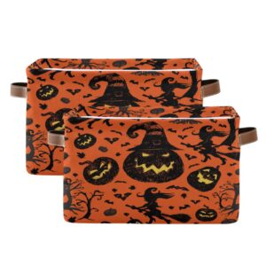 Wusikd Orange and Black Halloween Storage Basket Set of 1 Large Fabric Pumpkin Witch Storage Basket Bins Box Cube with Handles Collapsible Closet Shelf Clothes Organizer Basket for Nursery Bedroom